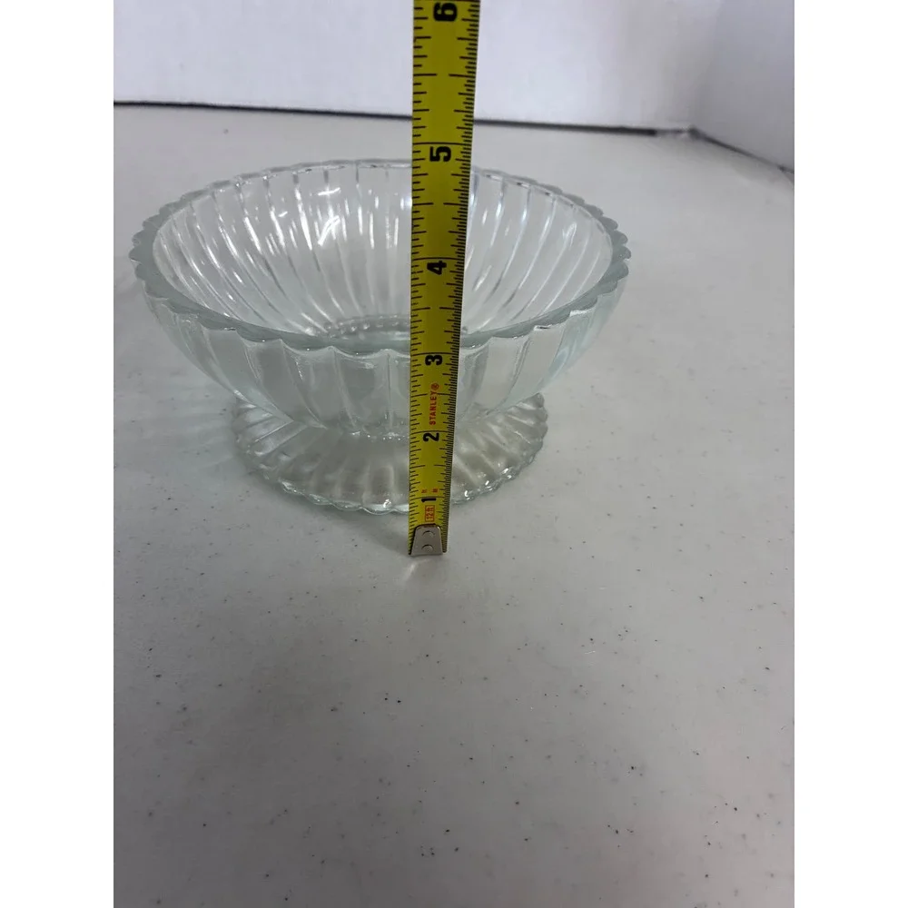 Vintage Clear Ribbed Pressed Glass Footed Candy Dish with Lid Scalloped Pedestal